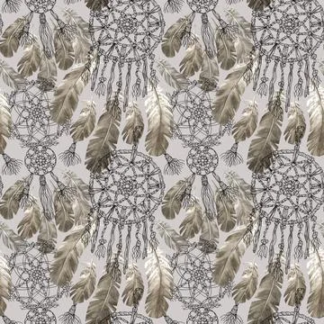Seamless pattern with .dreamcatcher, macrame, lace and feathers. Stock Illustration