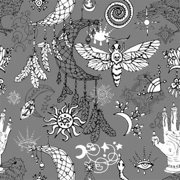Seamless pattern with dreamcatcher, moth and astrology magic symbols. Stock Illustration