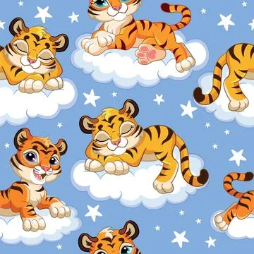 Seamless pattern with dreaming tigers at night Stock Illustration