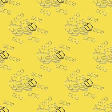 Seamless pattern with dreidel, coins, sweets. Illustrazione stock