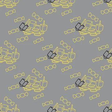 Seamless pattern with dreidel, coins, sweets. 스톡 일러스트