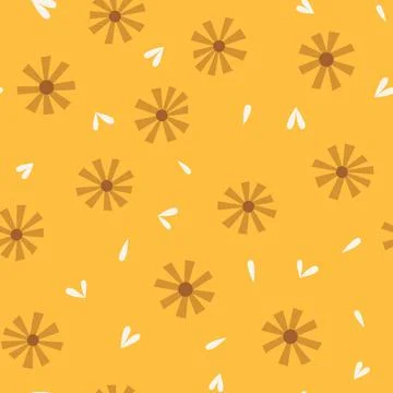 Seamless pattern with dried ditsy flowers with white leaves and little hearts Stock Illustration