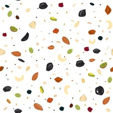 Seamless pattern with dried fruits, nuts, oatmeal, and seeds. Healthy food, g Illustrazione stock