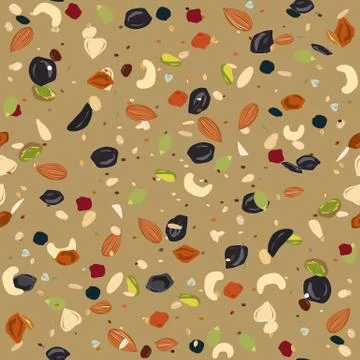 Seamless pattern with dried fruits, nuts, oatmeal, and seeds. Healthy and eco 스톡 일러스트