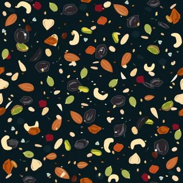 Seamless pattern with dried fruits, nuts, oatmeal, and seeds. Healthy and eco Illustrazione stock