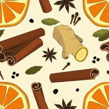 Seamless pattern with dried orange, ginger, cardamom, clove, cinnamon and anise Stock Illustration