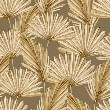 Seamless Pattern with dried Palm Leaves on dark brown background. Hand drawn Stock Illustration