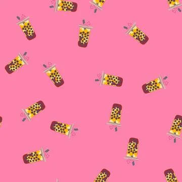 Seamless pattern drink bubble tea cartoon vector Stock Illustration