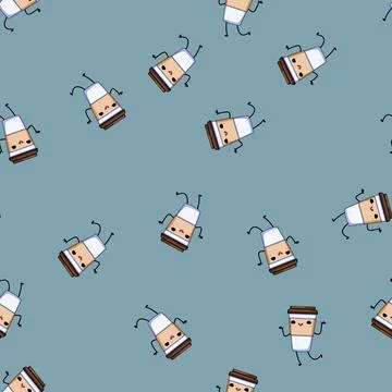 Seamless pattern drink coffee cup character cartoon vector Stock Illustration