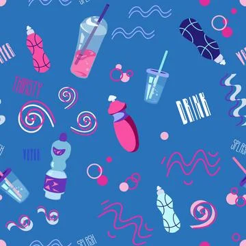 Seamless Pattern Drink Water on Blue Background Stock Illustration