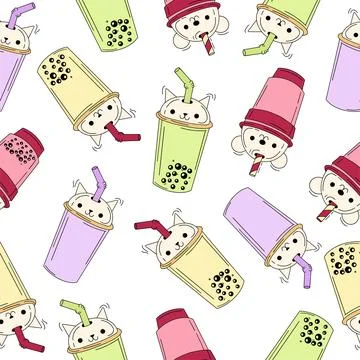 Seamless pattern of drinks cups. Tea, soft drinks in plastic cups, fashionable Stock Illustration