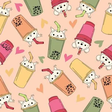 Seamless pattern of drinks cups. Tea, soft drinks in plastic cups, fashionable Illustrazione stock