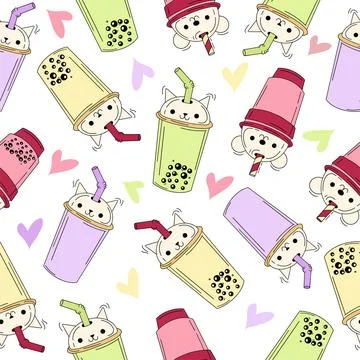 Seamless pattern of drinks cups. Tea, soft drinks in plastic cups, fashionable Stock Illustration