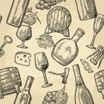 Seamless pattern drinks made from grapes. Wine, brandy, champagne bottle, gla Stock Illustration