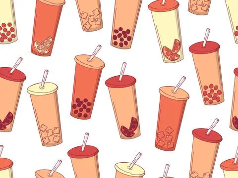 Seamless pattern of drinks in tall glasses - coffee and bubble-tea. Beige Stock Illustration