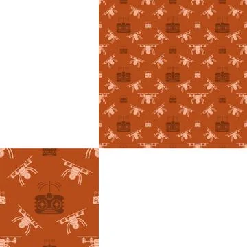 Seamless pattern of drones and remote controls on the orange background wit.. Stock Illustration