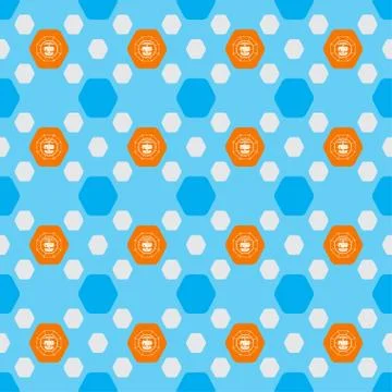Seamless pattern of drones in the orange hexagon shapes on the blue backgroun Stock Illustration