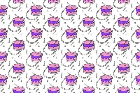 Seamless pattern with drums and drum sticks on White background. Flat vector  Stock Illustration