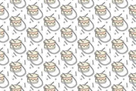 Seamless pattern with drums and drum sticks on White background. Flat vecto.. Stock Illustration