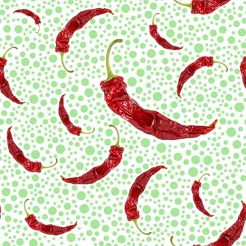 Seamless pattern with dry bright chili peppers and green dots on white Stock Illustration