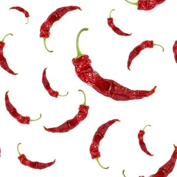 Seamless pattern with dry bright chili peppers on white background. Stock Photos
