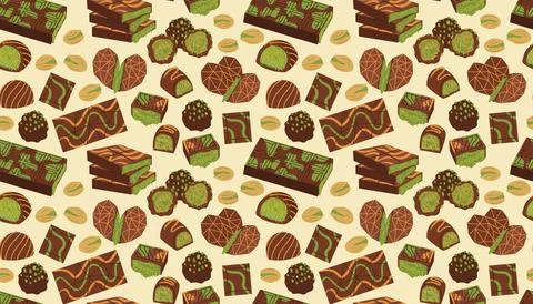 Seamless pattern with Dubai chocolate and oriental sweet with pistachio in .. Illustrazione stock