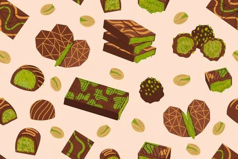 Seamless pattern of Dubai chocolate bars and truffles with green pistachio .. Stock Illustration