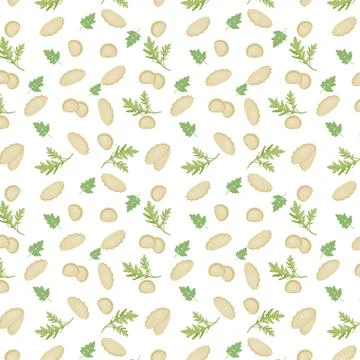 Seamless pattern with dumplings and parsley leaves, arugula on a colorless .. Stock Illustration