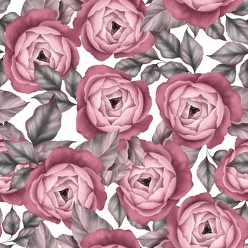 Seamless pattern of dust pink roses and leaves Stock Illustration