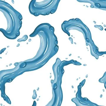 Seamless pattern of dynamic blue water splashes with droplets, capturing flui Stock Illustration