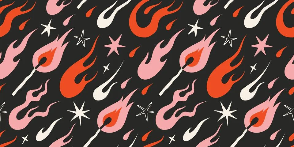 Seamless pattern with dynamic flaming match, flames, fire and stars on blac.. Stock Illustration
