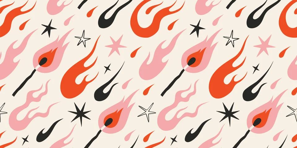 Seamless pattern with dynamic flaming match, flames, fire and stars on ligh.. Stock Illustration