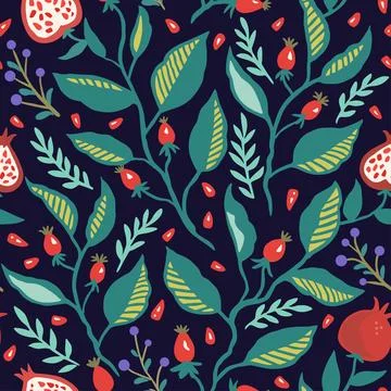 Seamless pattern with dynamic stylizes branches with red berries. Original Illustration