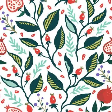 Seamless pattern with dynamic stylizes branches with red berries. Original Stock Illustration