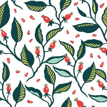 Seamless pattern with dynamic stylizes branches with red berries. Original Stock Illustration