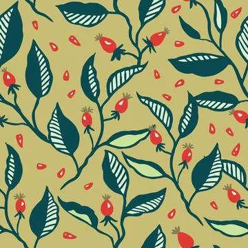 Seamless pattern with dynamic stylizes branches with red berries. Original 스톡 일러스트