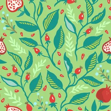 Seamless pattern with dynamic stylizes branches with red berries. Original 스톡 일러스트