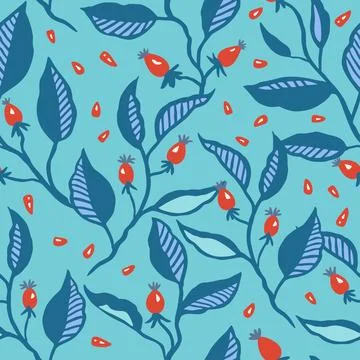Seamless pattern with dynamic stylizes branches with red berries. Original Stock Illustration