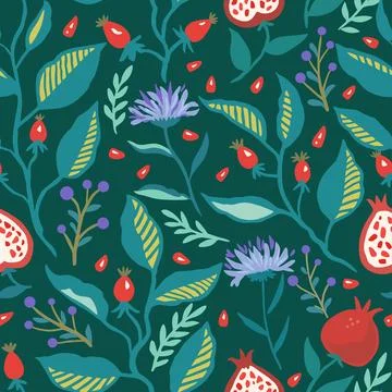 Seamless pattern with dynamic stylizes branches with red berries. Original .. Stock Illustration