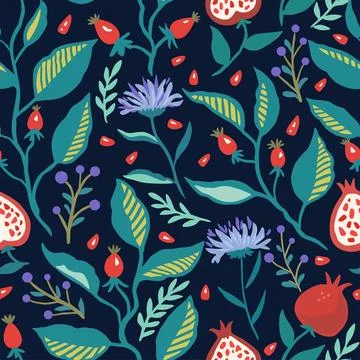 Seamless pattern with dynamic stylizes branches with red berries. Original .. Stock Illustration