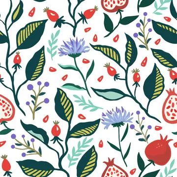 Seamless pattern with dynamic stylizes branches with red berries. Original .. Stock Illustration