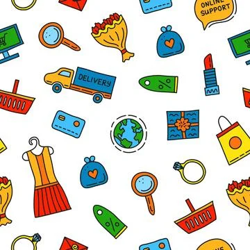 Seamless pattern with e-commerce shopping doodles. Illustrazione stock