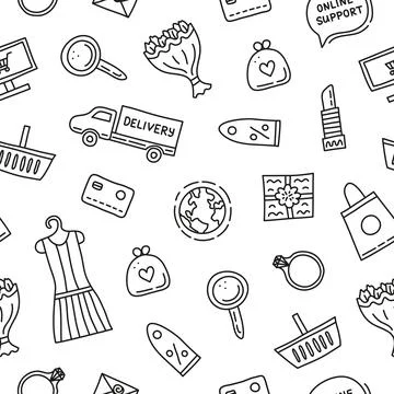 Seamless pattern with e-commerce shopping doodles. イラスト素材