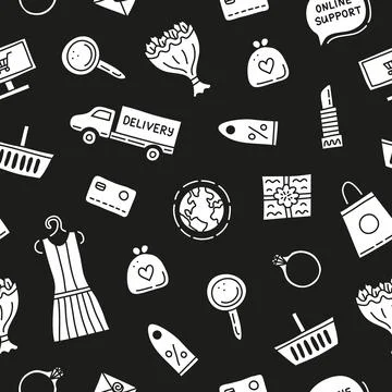 Seamless pattern with e-commerce shopping doodles. Stock Illustration