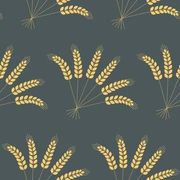 Seamless pattern, ear of wheat rye, rural harvest dark background, vector ill Stock Illustration