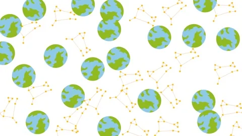 Seamless Pattern of Earth Globes and Golden Constellations on White Background Stock Footage 346186205