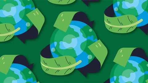 Seamless pattern of Earth globes wrapped in green leaves representing envir.. Ilustración de archivo
