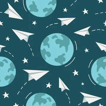 Seamless pattern of earth planets and paper planes. Simple vector illustratio Stock Illustration