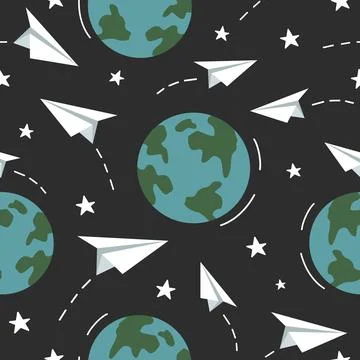 Seamless pattern of earth planets and paper planes. Simple vector illustratio Stock Illustration