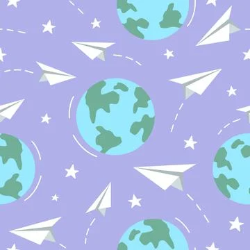 Seamless pattern of earth planets and paper planes. Simple vector illustratio Stock Illustration